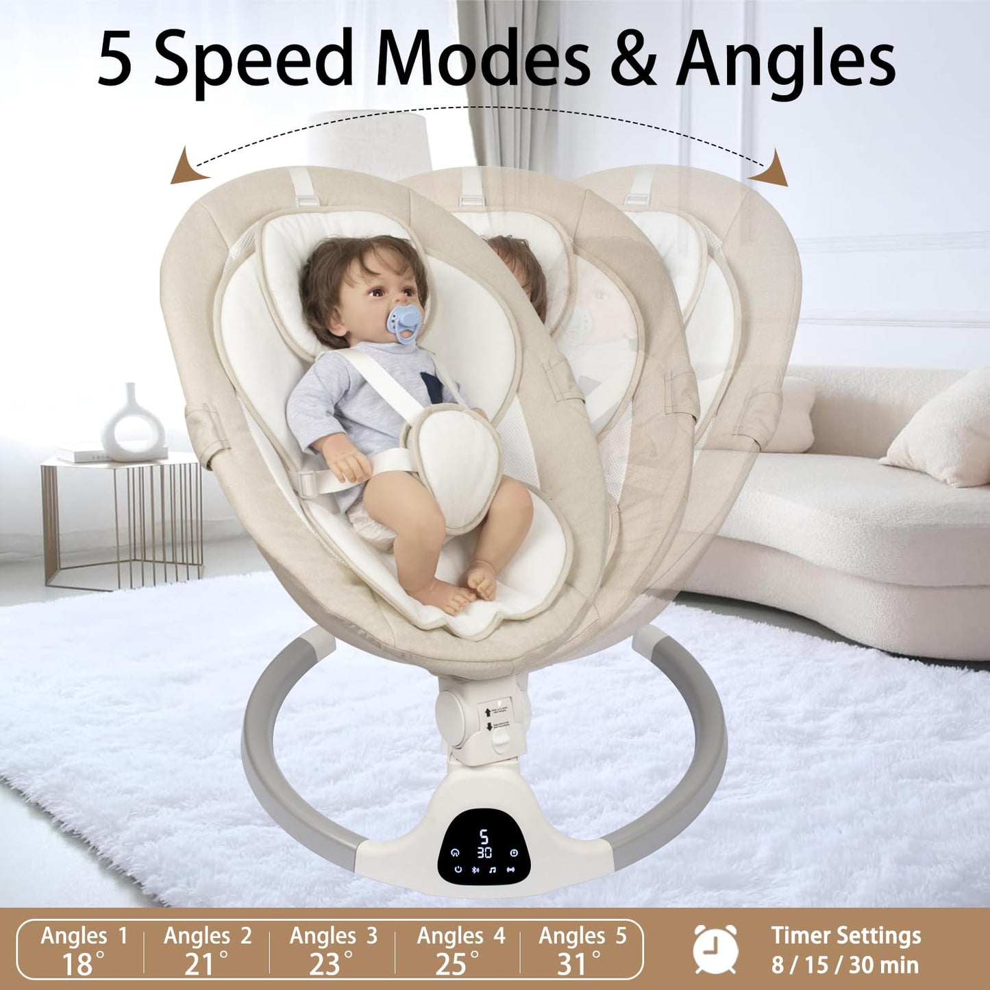 Electric infant swing by JFOVMCYG with remote control, 5 speeds, 3 seat positions, washable seat, and stable ivory white frame.