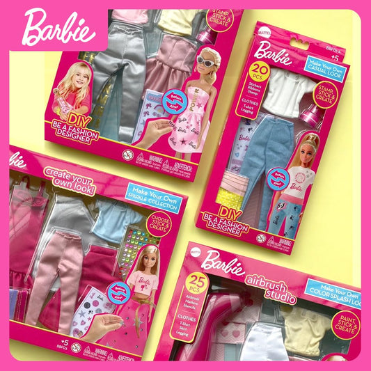 Barbie DIY Fashion Designer Set with T-shirt, leggings, stickers, ribbons, and stamp for creative kids' fashion play.