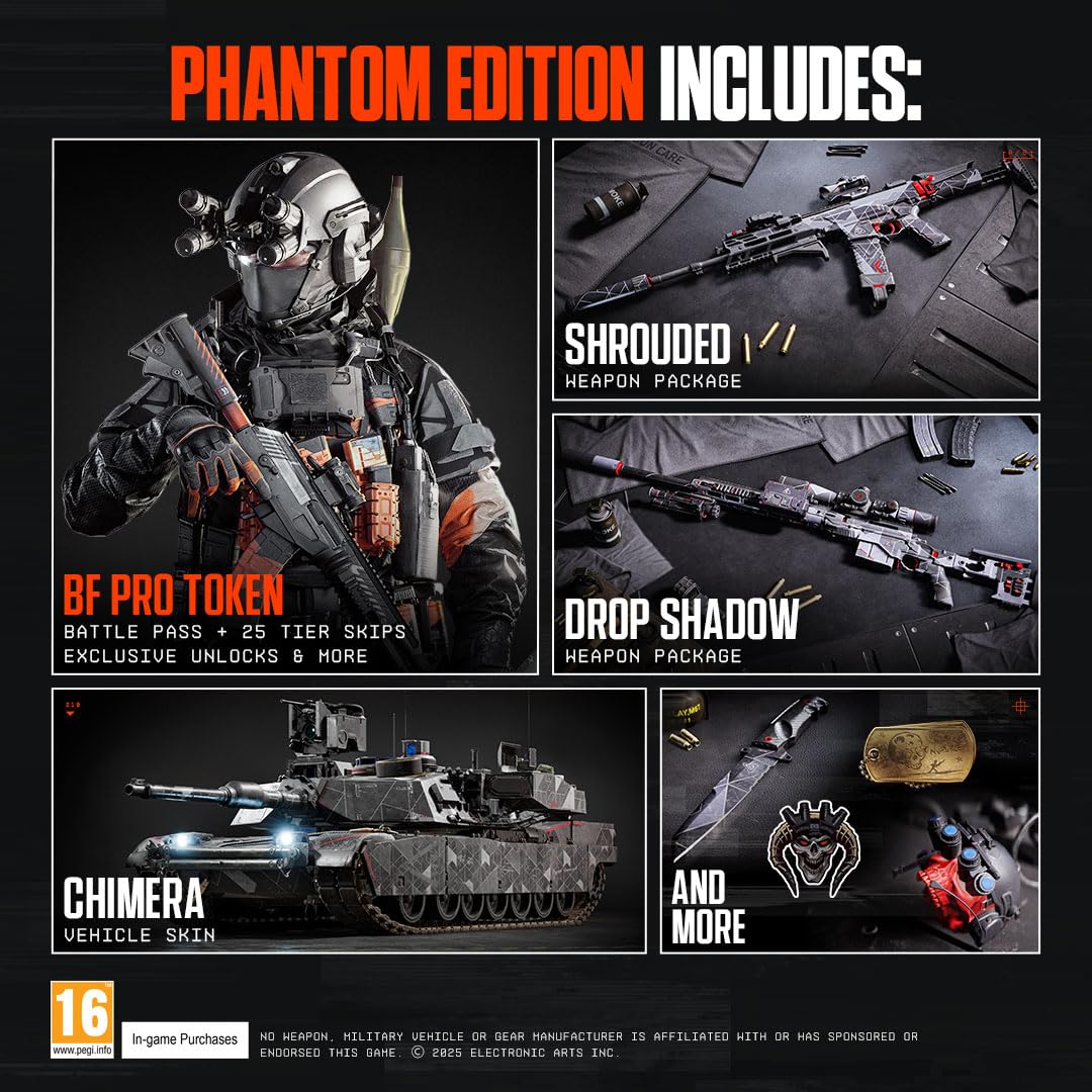 Battlefield 6 Phantom Edition PS5 video game case with artwork, published by Electronic Arts, featuring futuristic military action.