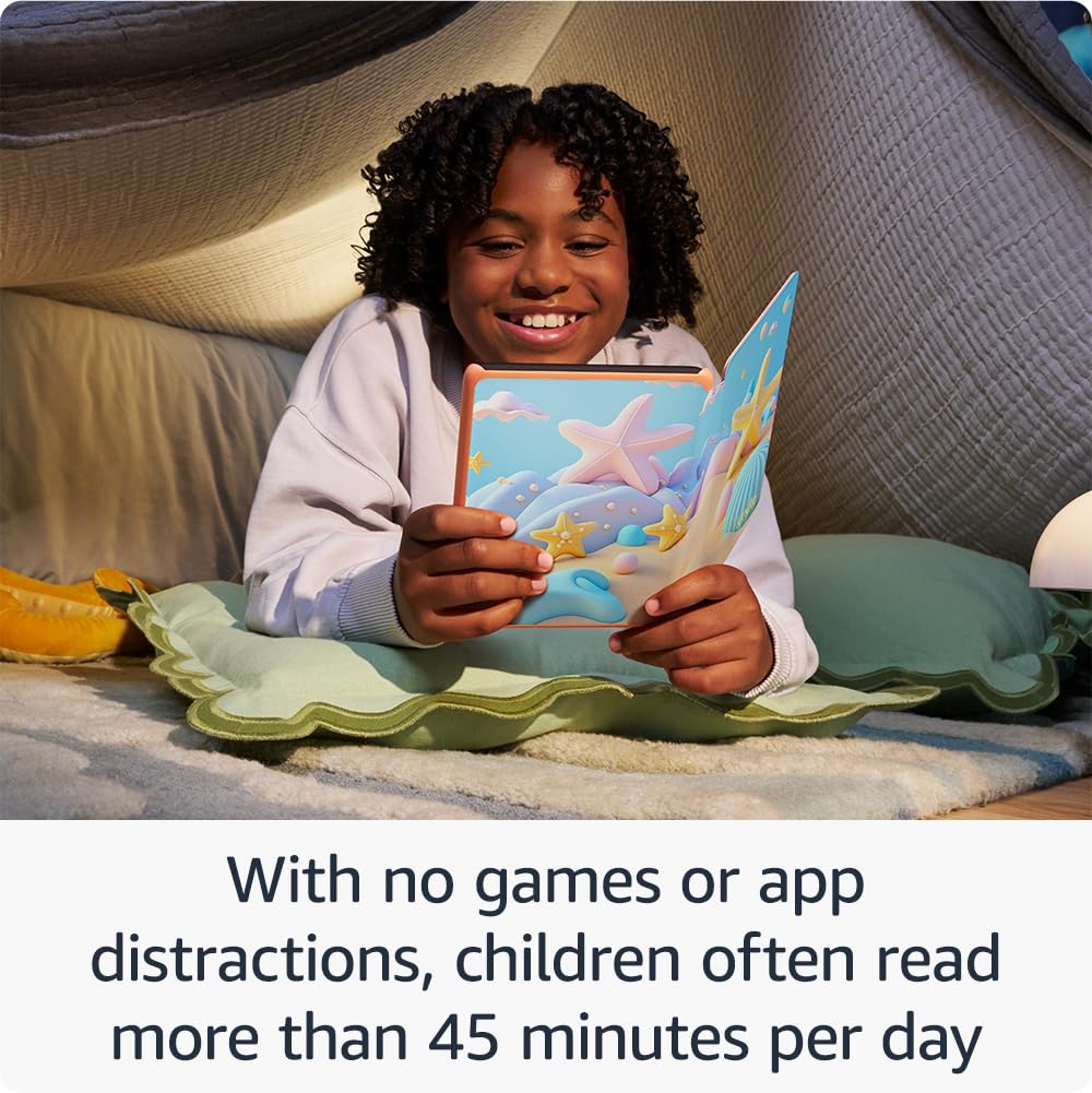 Amazon Kindle Paperwhite Kids e-reader with larger glare-free display, 16GB storage, suitable for children reading over 45 minutes daily.