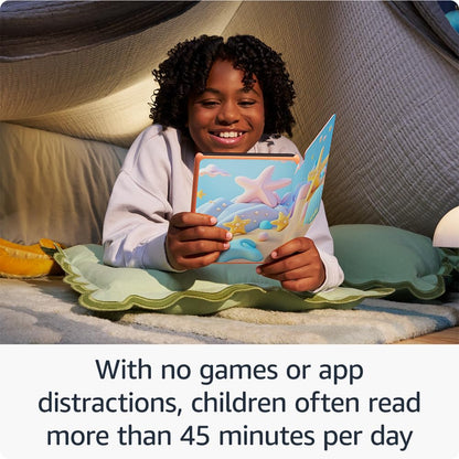 Amazon Kindle Paperwhite Kids e-reader with larger glare-free display, 16GB storage, suitable for children reading over 45 minutes daily.