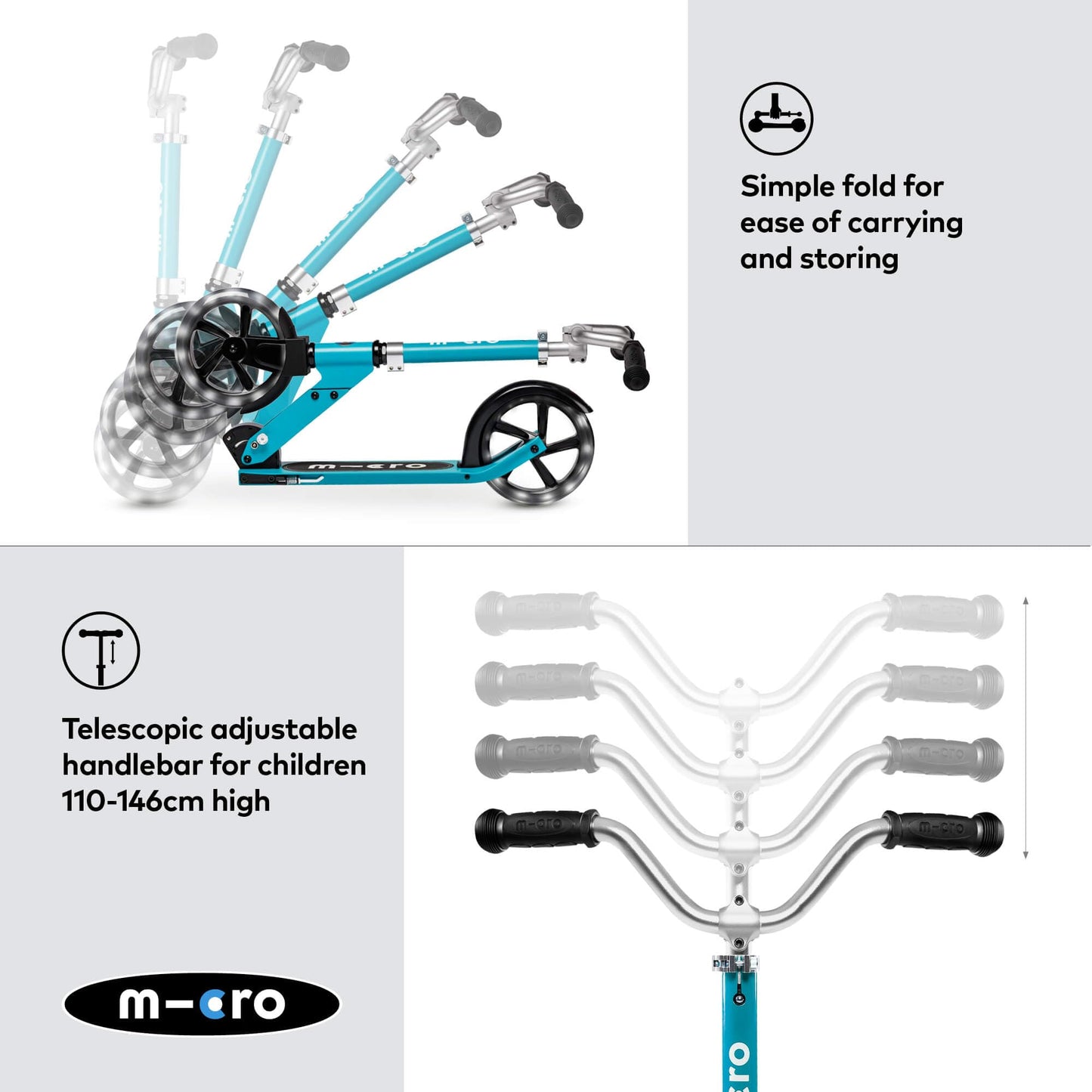 Aqua Micro Cruiser LED children's scooter with adjustable handlebar, light-up wheels, and foldable design for kids aged 5-12.