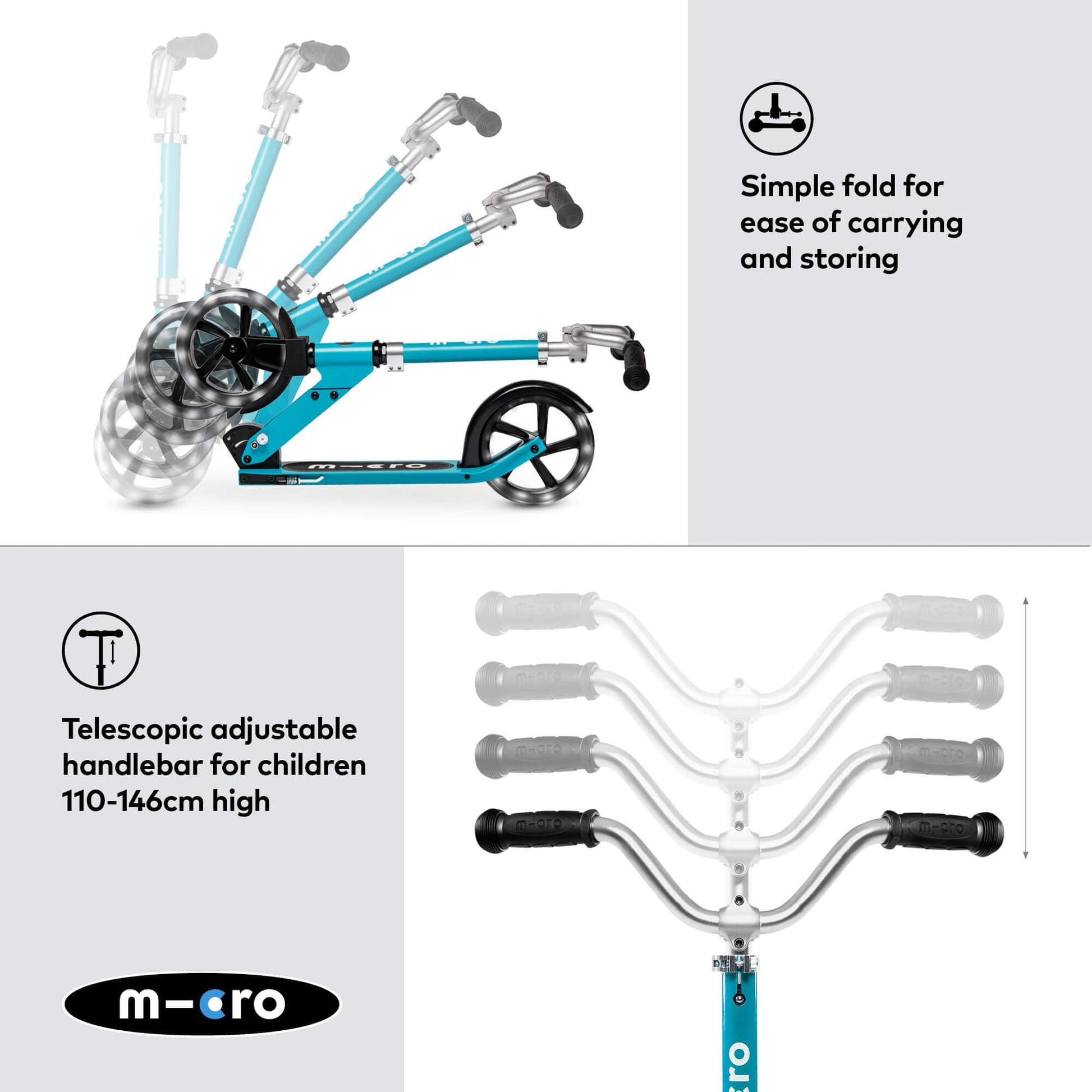 Aqua Micro Cruiser LED children's scooter with adjustable handlebar, light-up wheels, and foldable design for kids aged 5-12.