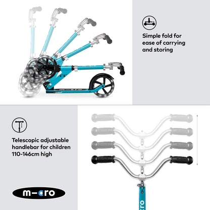 Aqua Micro Cruiser LED children's scooter with adjustable handlebar, light-up wheels, and foldable design for kids aged 5-12.
