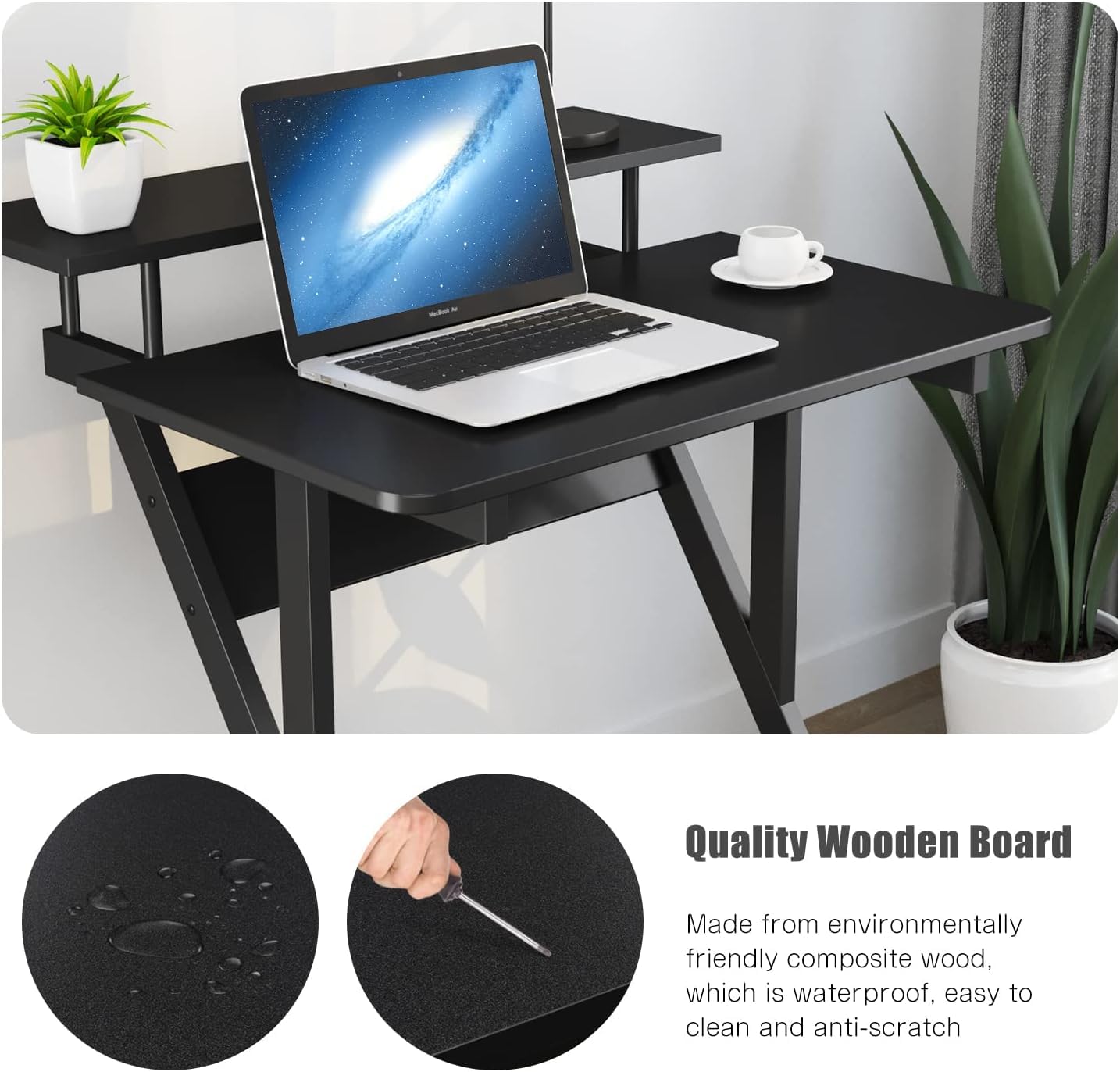 Dripex black Z-shaped computer desk with monitor shelf, storage shelves, and movable wheels for small home office spaces.
