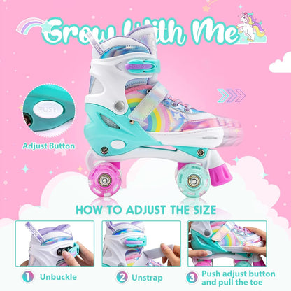 SULIFEEL Rainbow Unicorn light-up roller skates for kids, adjustable sizes 9C-12C UK, featuring colorful unicorn design and wheels.