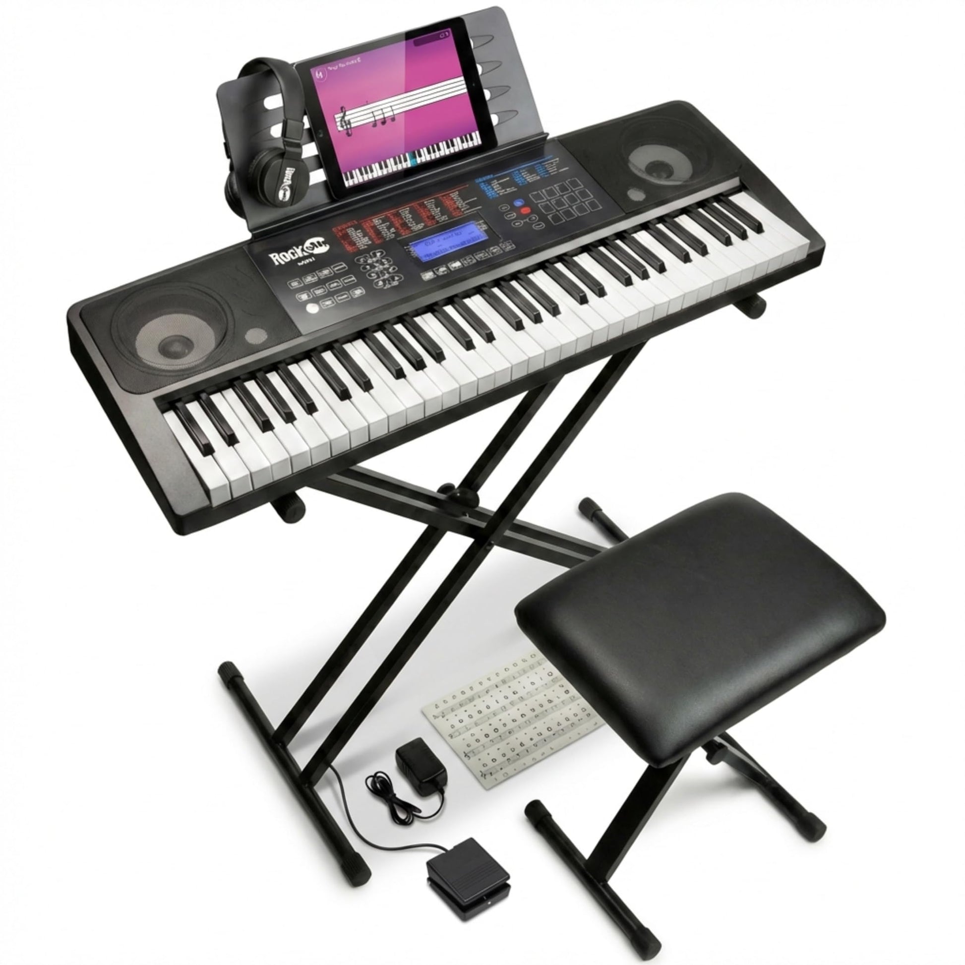 RockJam 61 key keyboard piano kit with bench, stool, sustain pedal, headphones, and lesson book on a white background.