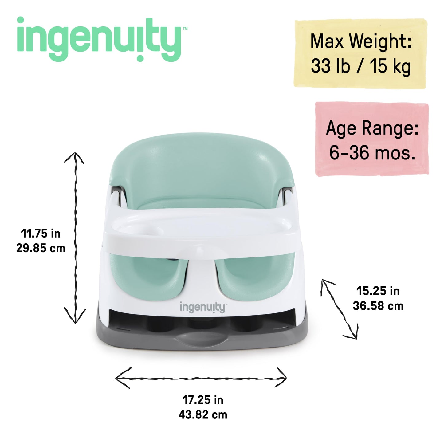 Ingenuity, Baby Base 2-in-1 Seat, Mist, Booster Chair, Dining and Feeding Seat for Toddlers, Easy to Clean with Removable and Self-Storing Tray, Ages 6 Months+
