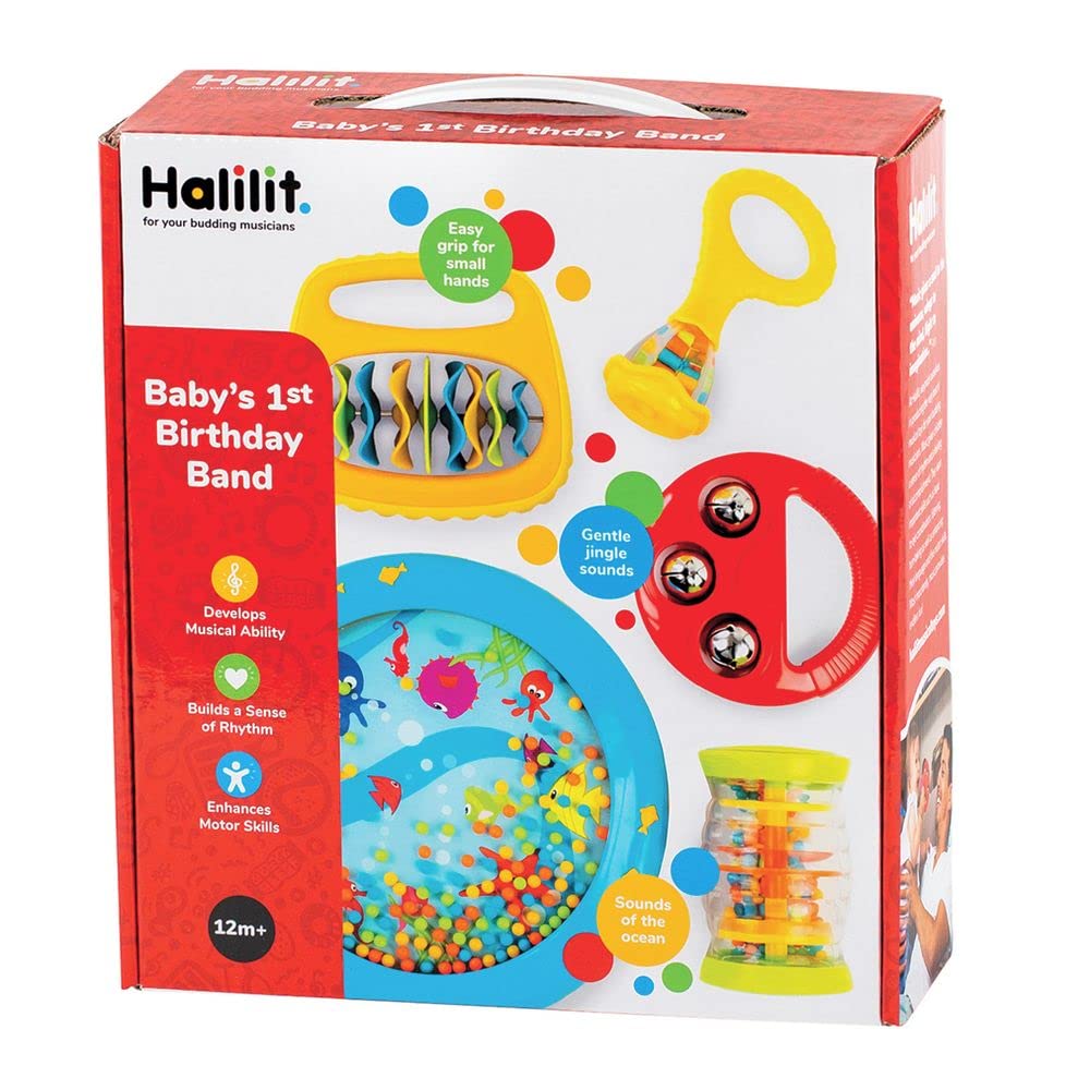 Halilit Baby's First Birthday Band Musical Instrument Gift Set. Includes Ocean Drum, Baby Maraca, Ring My Bell, Rainboshaker & Clip Clap. Music Sensory Baby Toy. Suitable for Boys & Girls 12 Months +