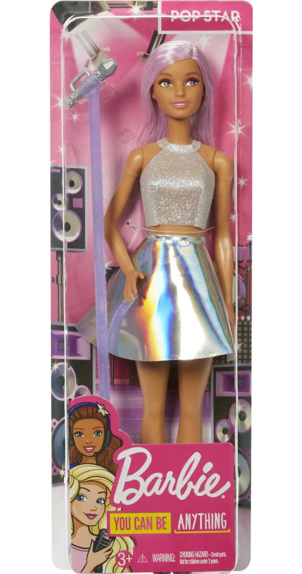 Barbie Pop Star Doll with microphone, pink hair, and iridescent skirt, perfect for imaginative play for kids ages 3 to 7.