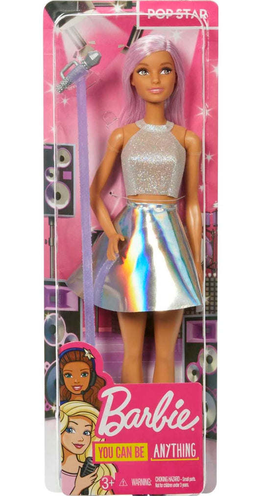 Barbie Pop Star Doll with microphone, pink hair, and iridescent skirt, perfect for imaginative play for kids ages 3 to 7.