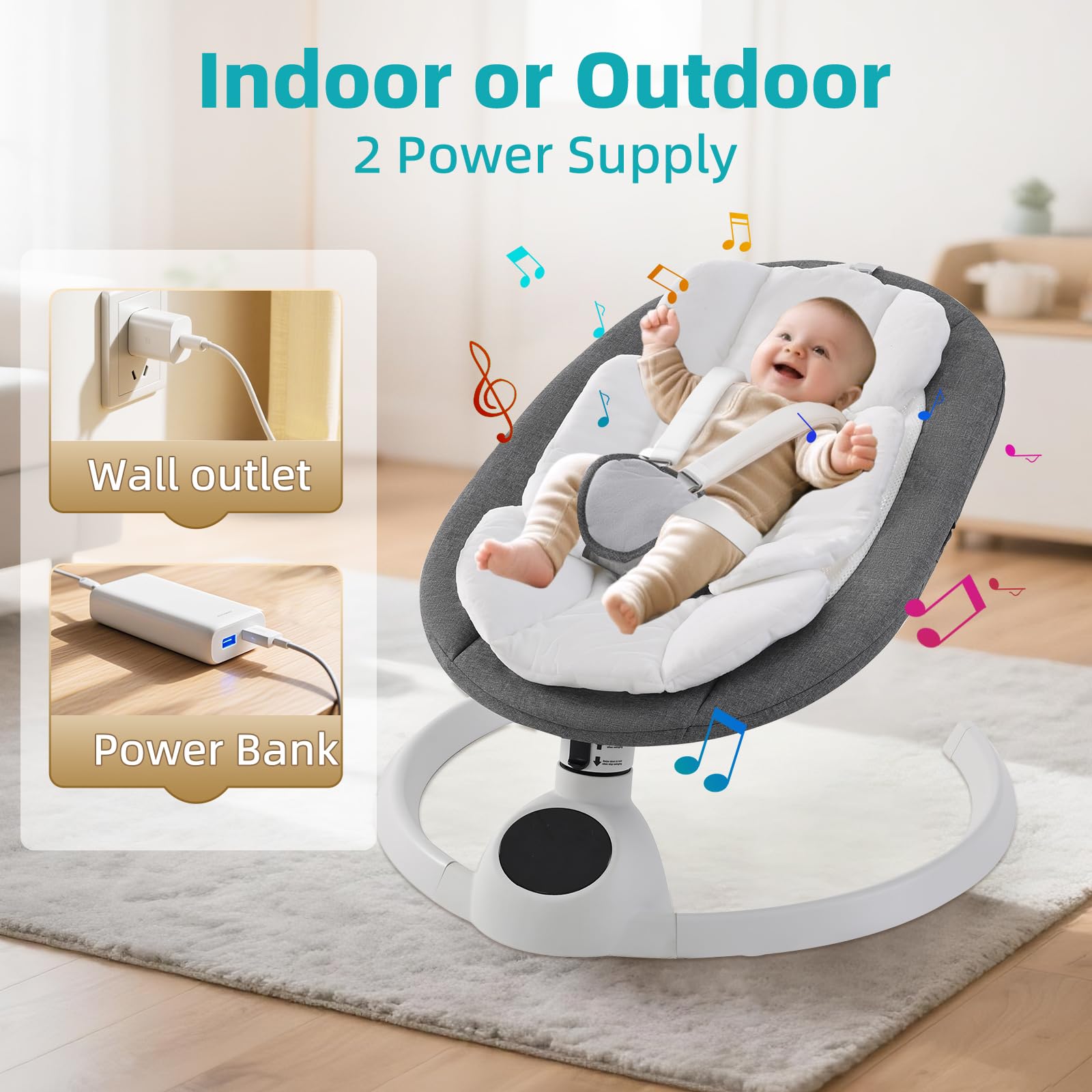 Cozydwells electric baby swing chair in grey with Bluetooth, touch screen music speaker, remote control, 5 swing speeds, and portable design.