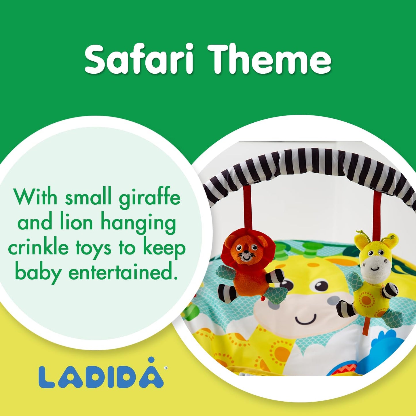 LADIDA Baby Bouncer, Bright and Colourful Safari Theme, Soothing Music and Vibration to Relax and Entertain Baby