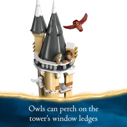 LEGO Harry Potter Hogwarts Castle Owlery set with minifigures and owls, perfect for kids aged 8 and up.