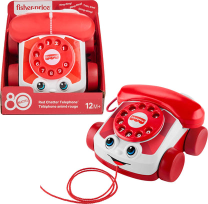 Fisher-Price Baby Chatter Telephone toy in red, Mattel 80th Anniversary Edition, pull-along activity toy for infants and toddlers.