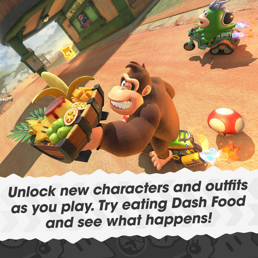Nintendo Mario Kart World game box with colorful artwork featuring Mario characters and racing scenes.