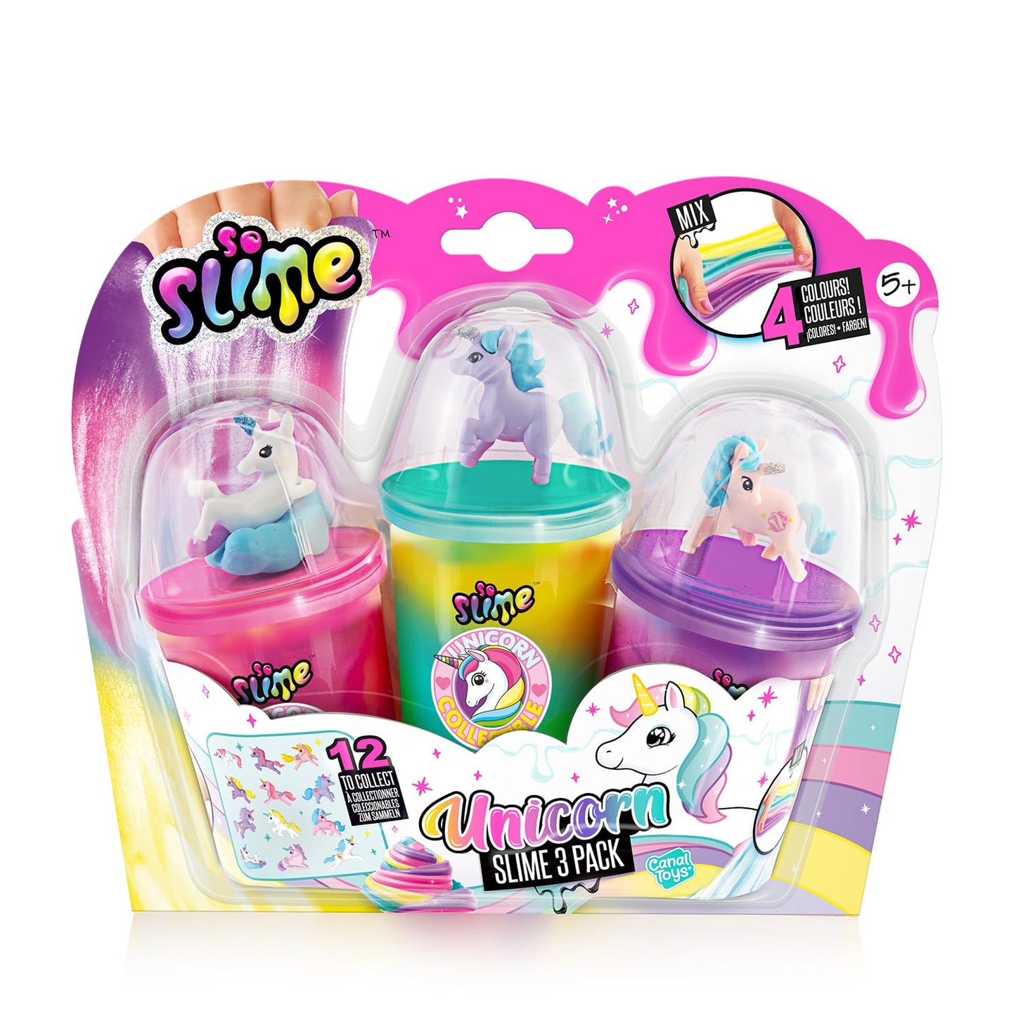 Set of three Canal Toys So Slime Collectible Unicorn slimes in colorful containers, featuring vibrant, sparkly slime textures.