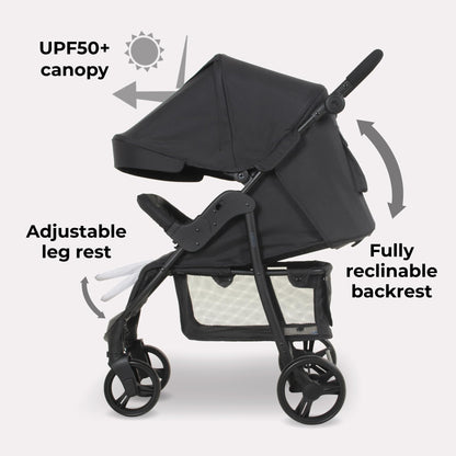 My Babiie MB30 Pushchair – from Birth to 4 Years (22kg), Easy Compact Fold, Large Shopping Basket, Adjustable Handle, Stroller Includes Cup Holder, Rain Cover – Black