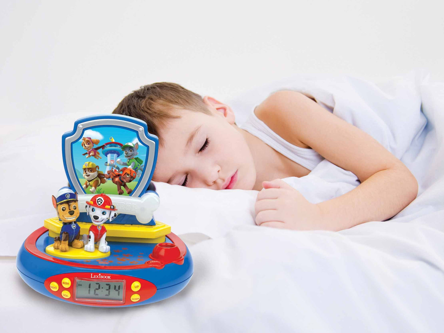 LEXIBOOK, Paw Patrol, Projector Alarm Clock for kids, Nightlight and time projection to the ceiling, Sound Effects, Battery-powered, Blue, RP500AC