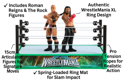 WWE WrestleMinia Bloodline Rules Playset with Wrestling Ring, Roman Reigns & The Rock 15cm Action Figures | WWE Toy Ring for Kids & Collectors