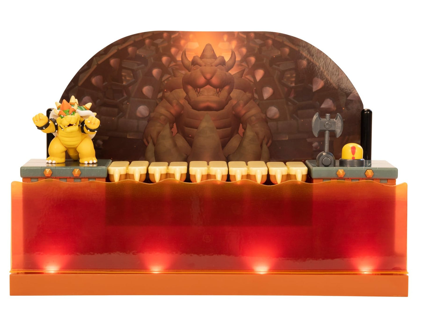 Super Mario Deluxe Bowser Battle Playset featuring Bowser action figure, lights, and sounds for Super Mario fans aged 3+
