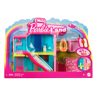 Mini BarbieLand dollhouse set with furniture, elevator, pool, and 1.5-inch Barbie doll for kids ages 4 and up.