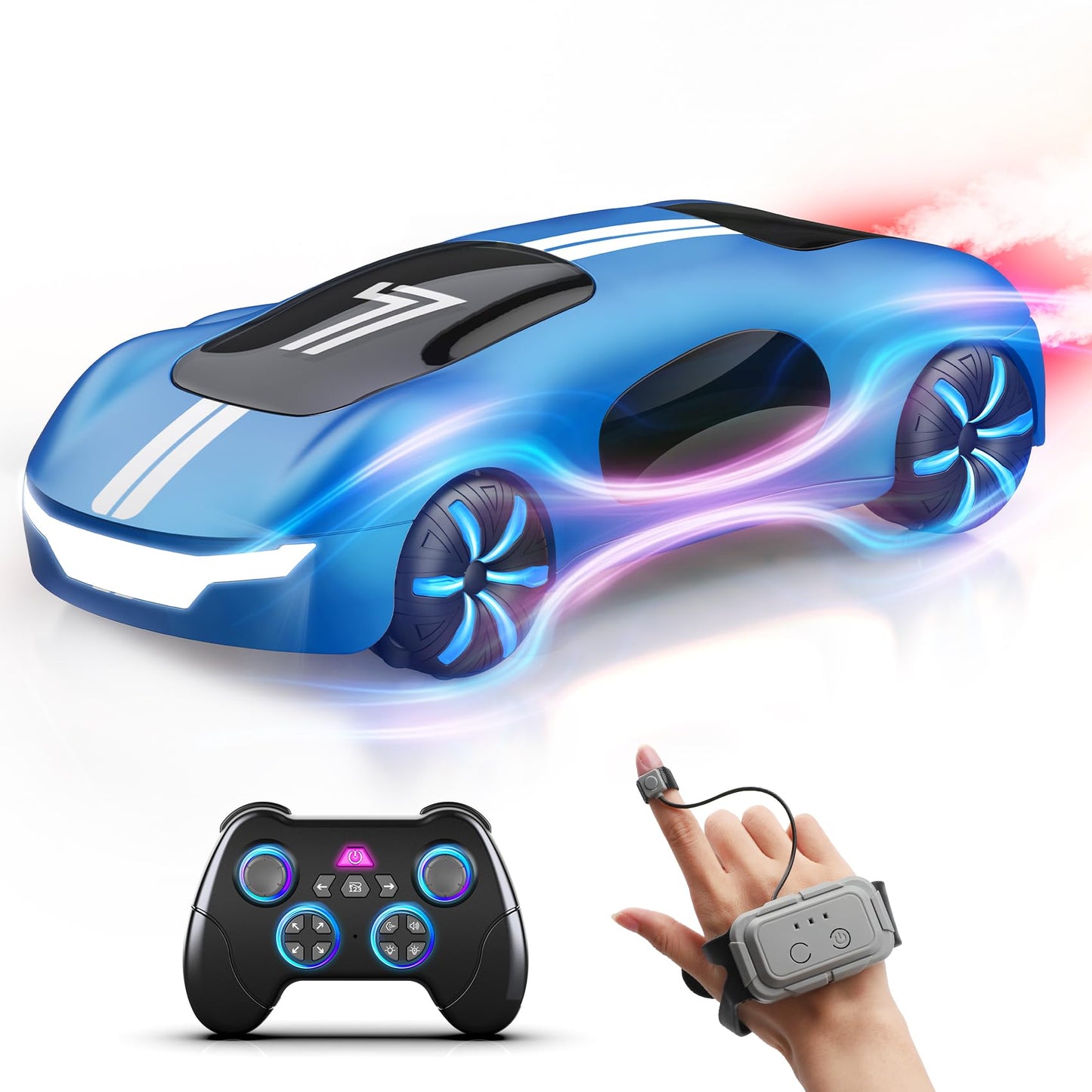 AEROQUEST remote control stunt car for kids with lights, spray, sound, gesture sensing, rechargeable 2.4GHz RC drift car for ages 5-8