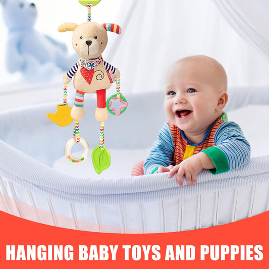 Jodsen baby pram plush sensory toy featuring a cute dog, with teether clip, handbells, and rattles for newborn stroller activity.