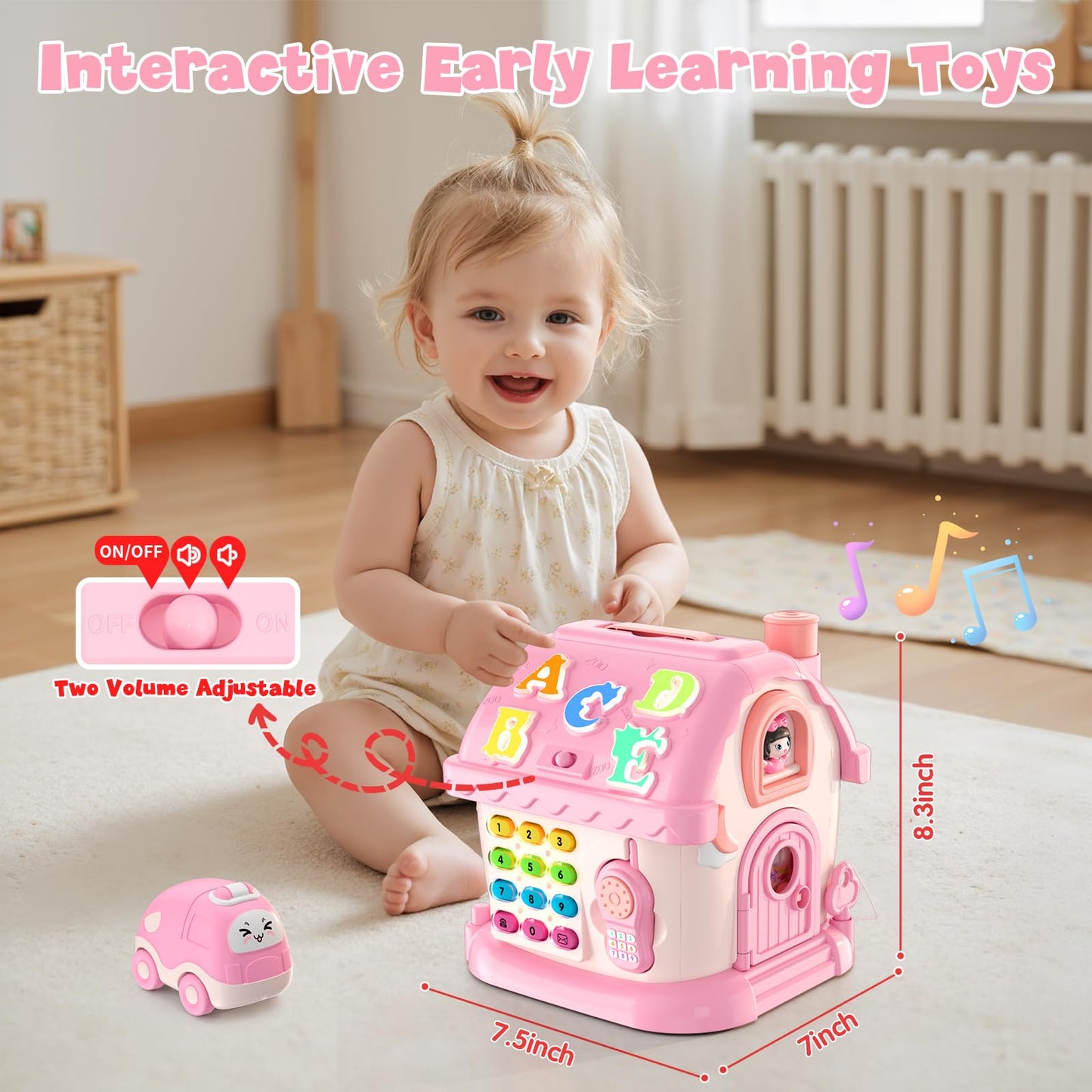 HYES Toys for 1 Year Old Girls, Montessori Educational Toy, 8 in 1 Multi Function Activity House Baby Toy with Music/Car/Clock/Phone/Light, Sensory Toys Birthday Gifts for Baby 1-2 Years