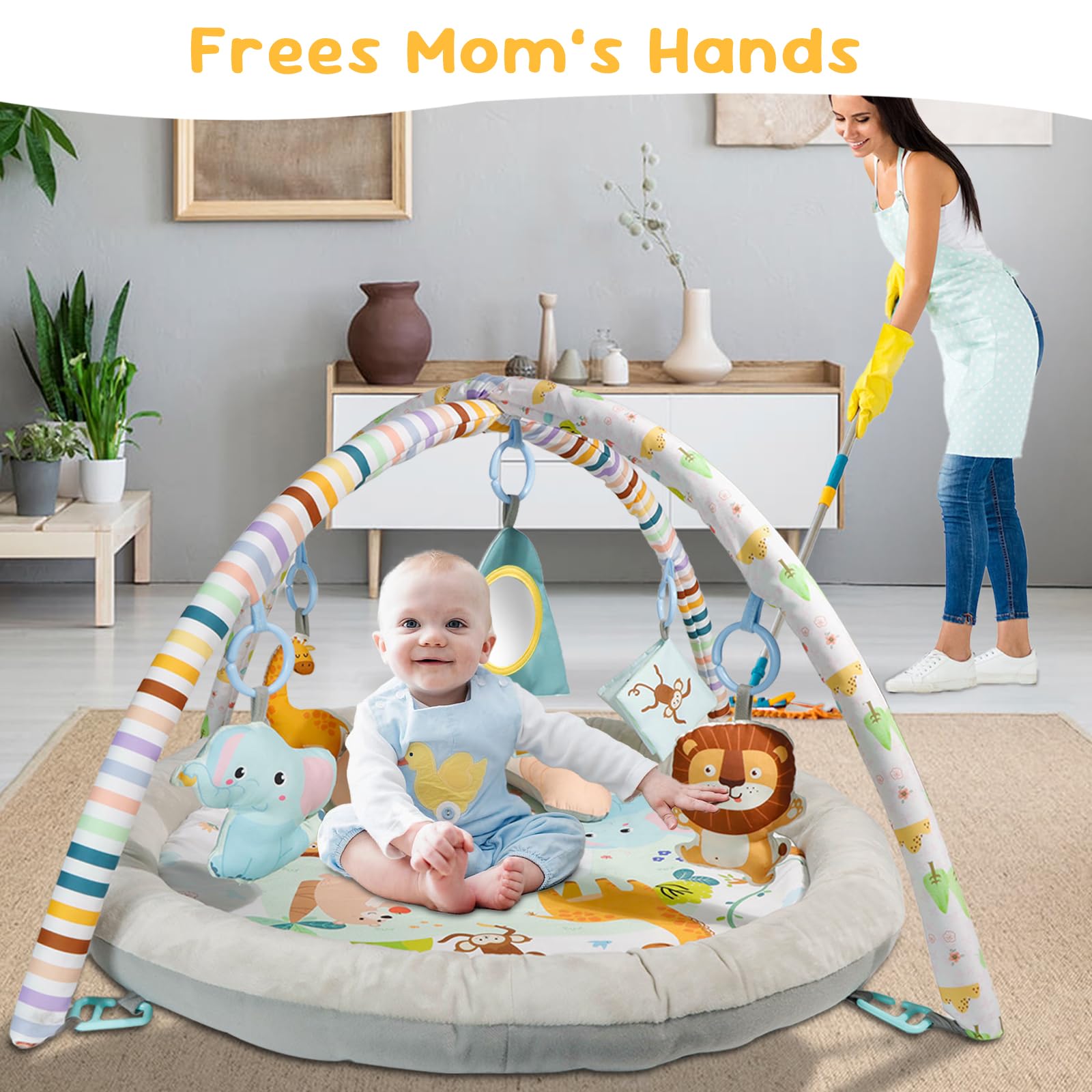 GoldEnough baby activity gym with hanging toys, tummy time pillow, and soft play mat for infants aged 0-36 months.