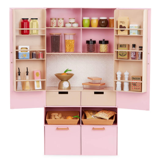 Our Generation Pretty Pantry Furniture Set with pink cupboard, food accessories for 18-inch dolls, ideal for pretend play.