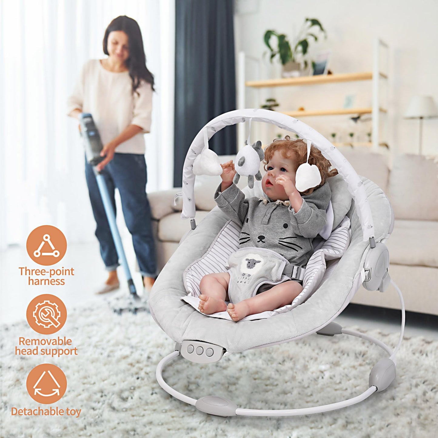 LADIDA soft padded lamb bouncer for newborns 0-6 months with soothing music, vibration, and comfortable plush design