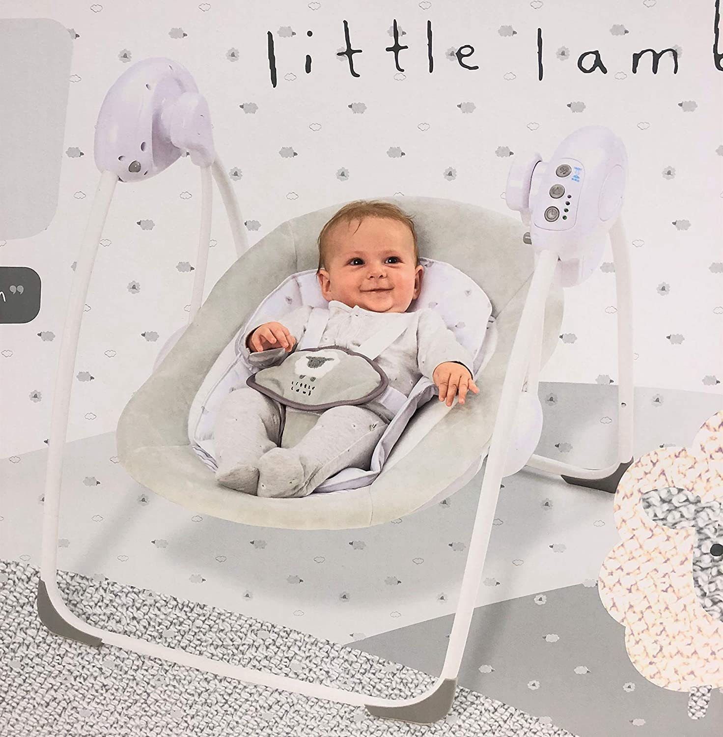 LADIDA folding baby swing with sweet lamb design, soothing music, suitable for newborns, featuring soft fabric and safety harness.