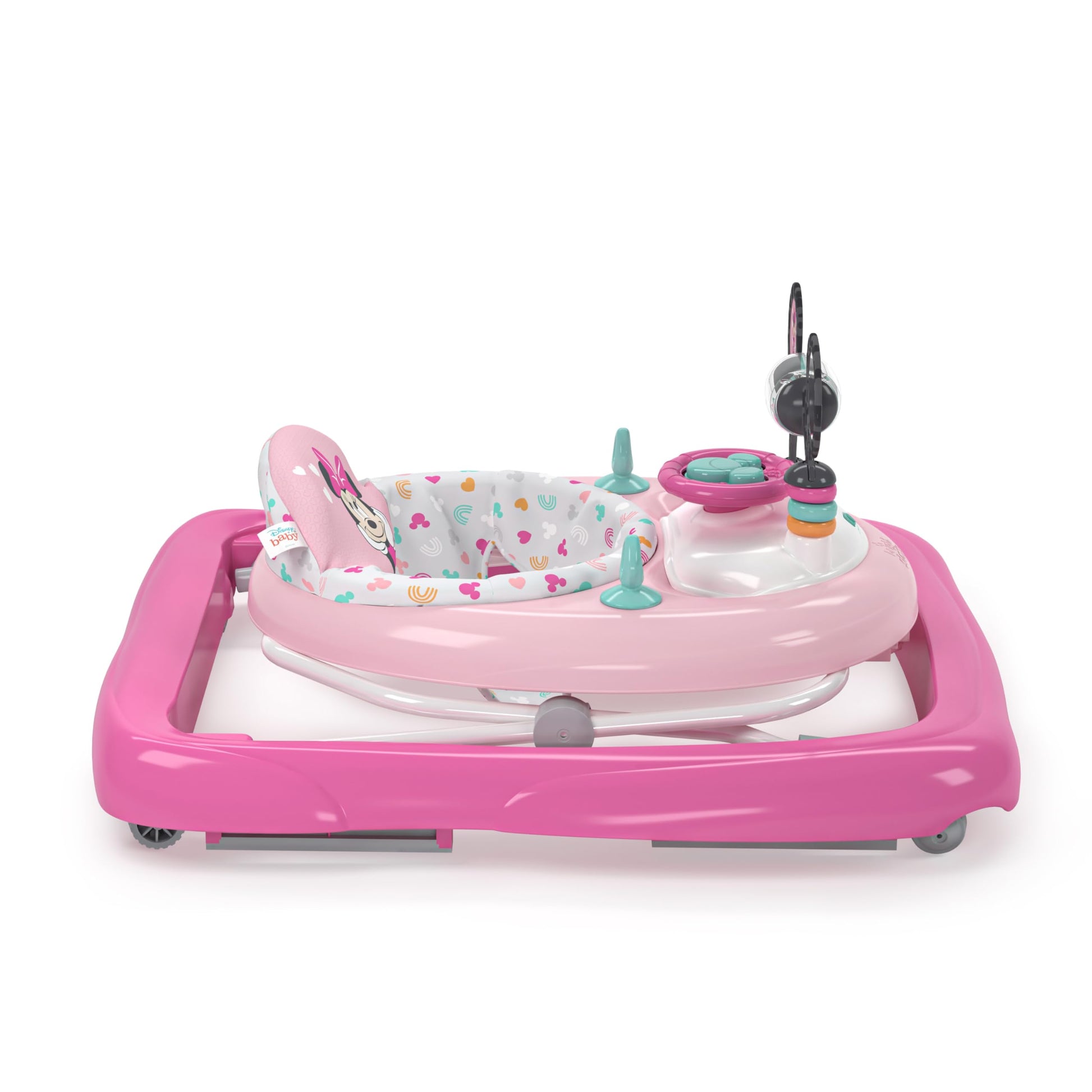 Bright Starts Disney Baby Minnie Mouse 2-in-1 activity walker with removable toy station, lights, songs, and adjustable height in pink.
