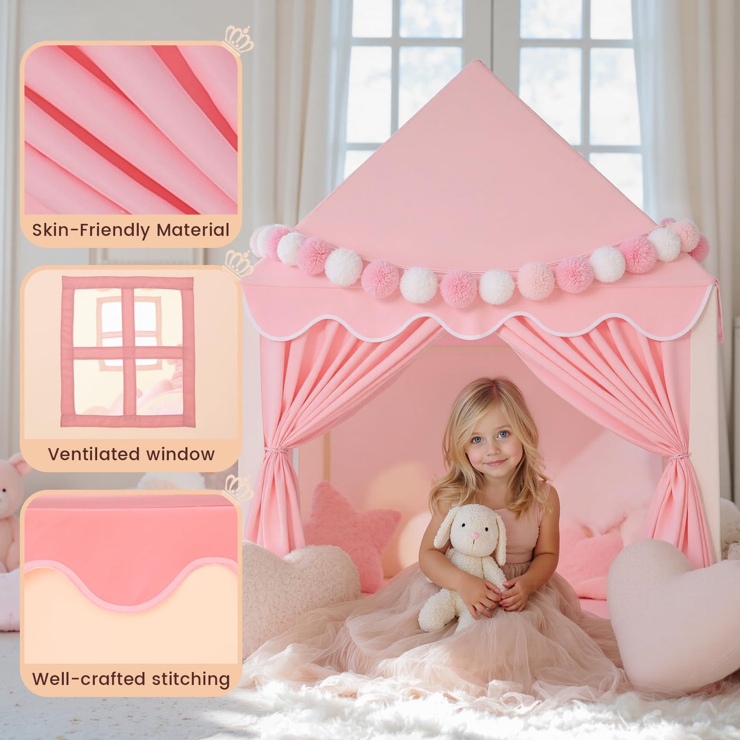 Pink Wilwolfer kids play tent featuring a princess design, ideal indoor playhouse for toddlers and girls, toy house gift.