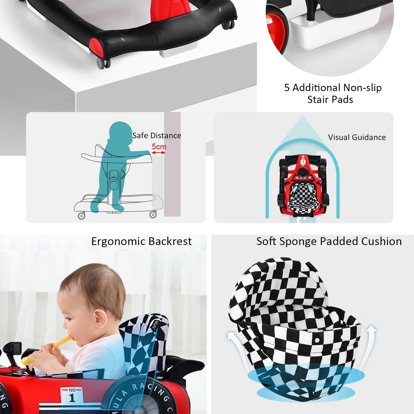 Maxmass Baby Walker, 4 in 1 Infant Sit-to-Stand Walker with Adjustable Height & Speed, Steering Wheels, Detachable Seat Cushion, Foldable Toddler Activity Walkers for Boy Girl 6-18 Months (Red)