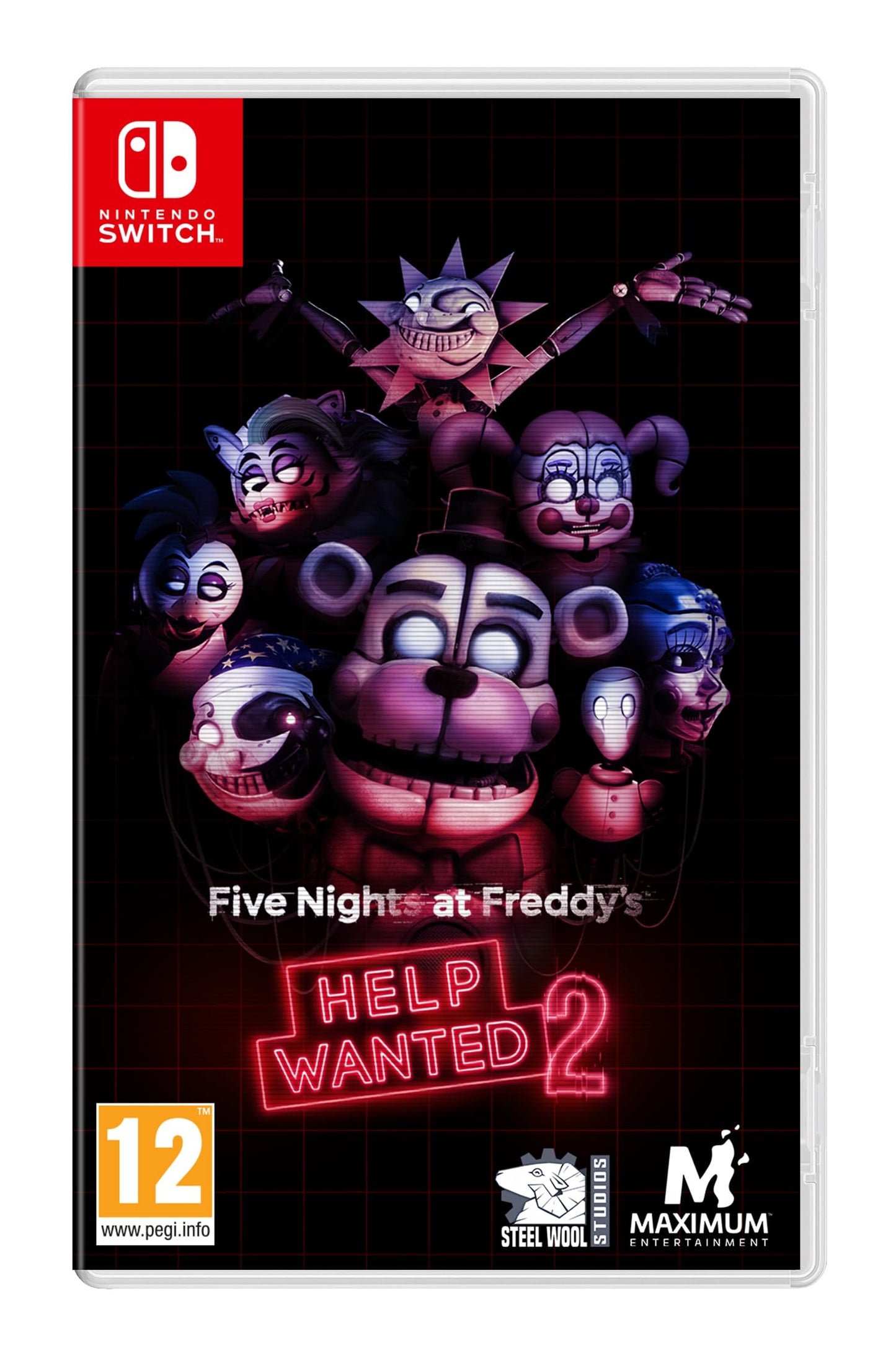 Nintendo Switch game cover for Five Nights at Freddy's: Help Wanted 2 by Maximum Entertainment featuring colorful horror characters.
