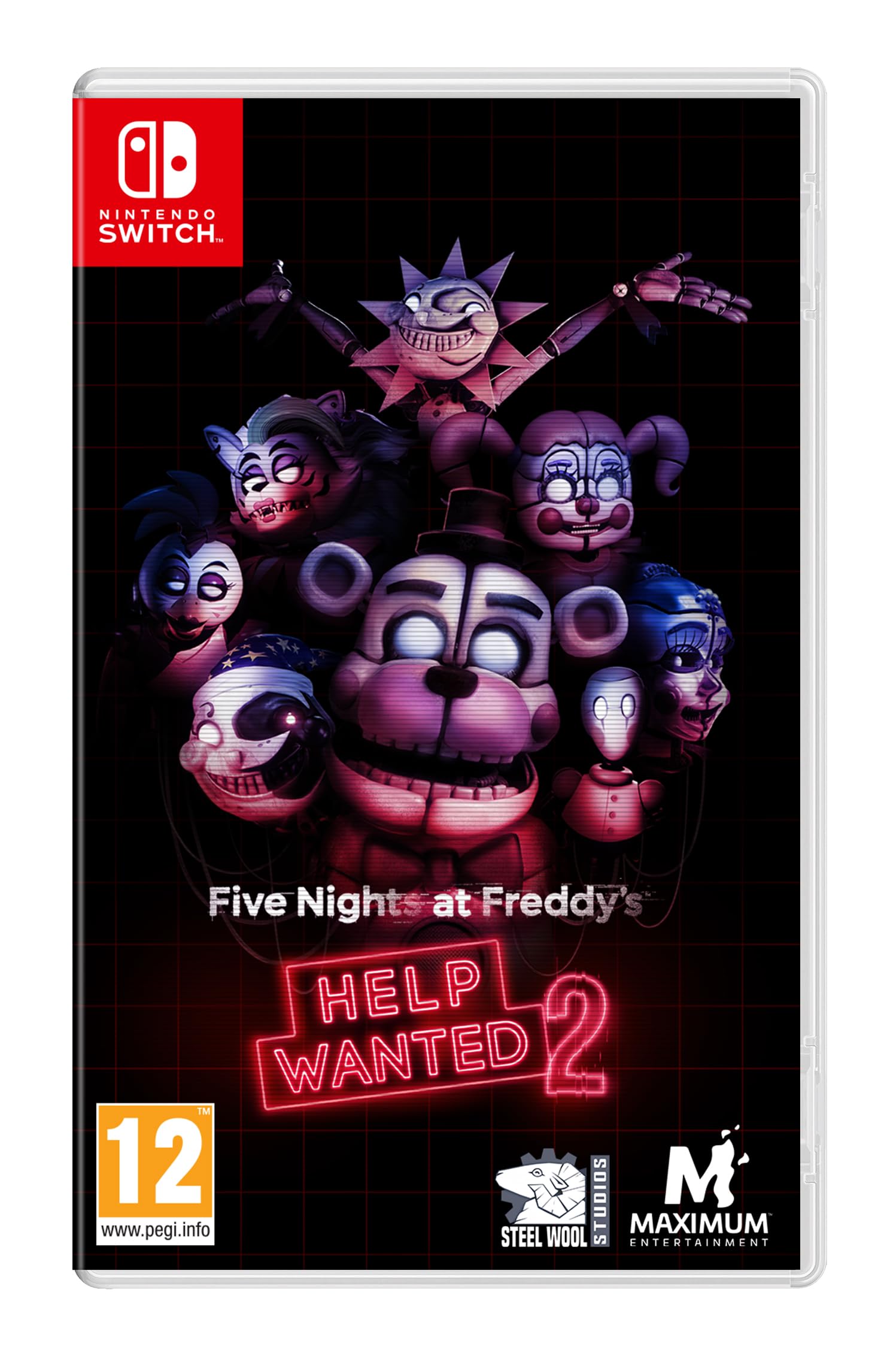 Nintendo Switch game cover for Five Nights at Freddy's: Help Wanted 2 by Maximum Entertainment featuring colorful horror characters.