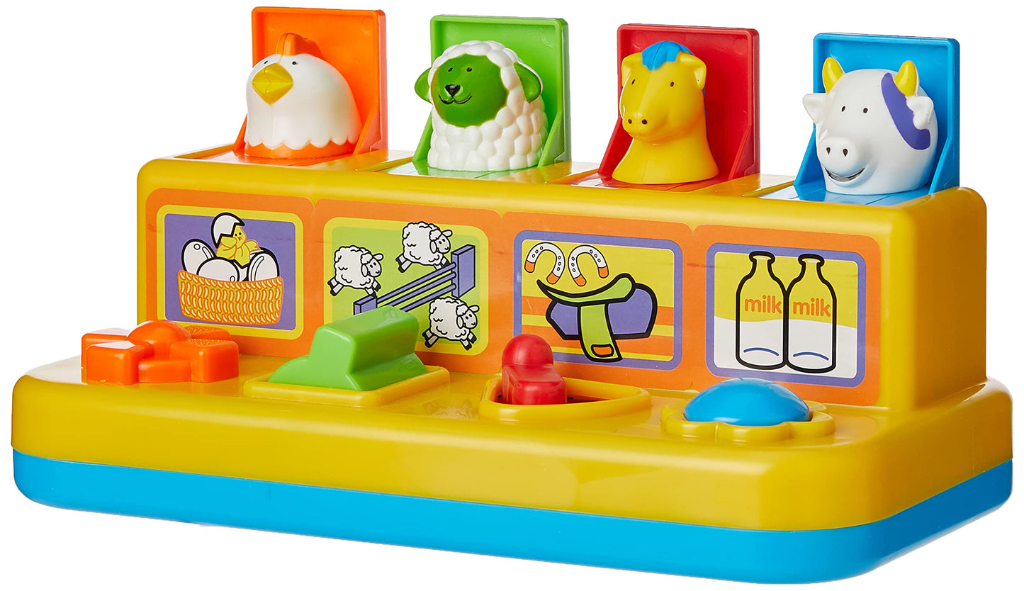 Yellow Fun Time Pop Up Farmyard Friends toy featuring colorful farm animals and a playful design for children.