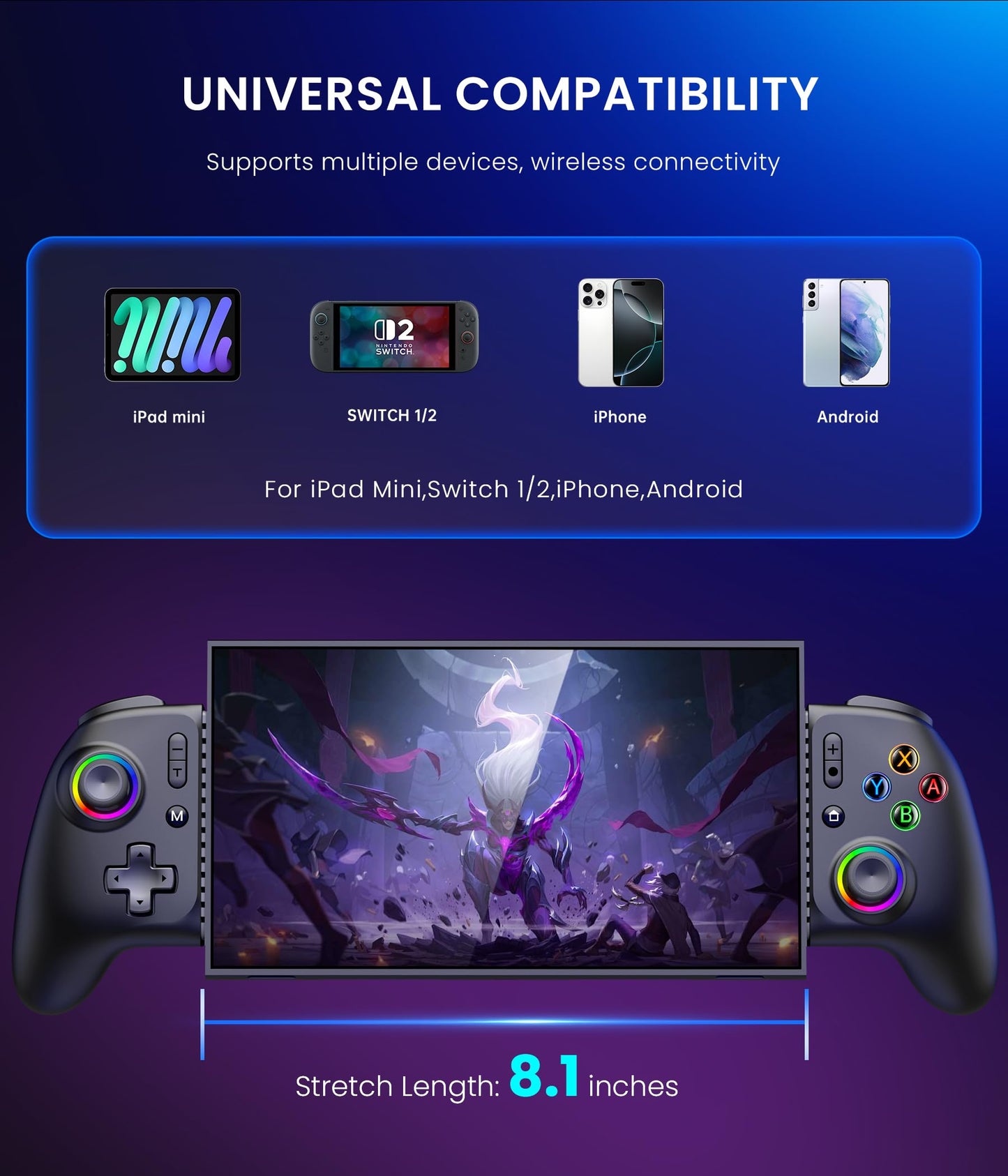 Fanxieast Handheld Switch 2 Pro Controller with full-size wireless design, RGB lighting, turbo, vibration, and Hall Effect joystick.