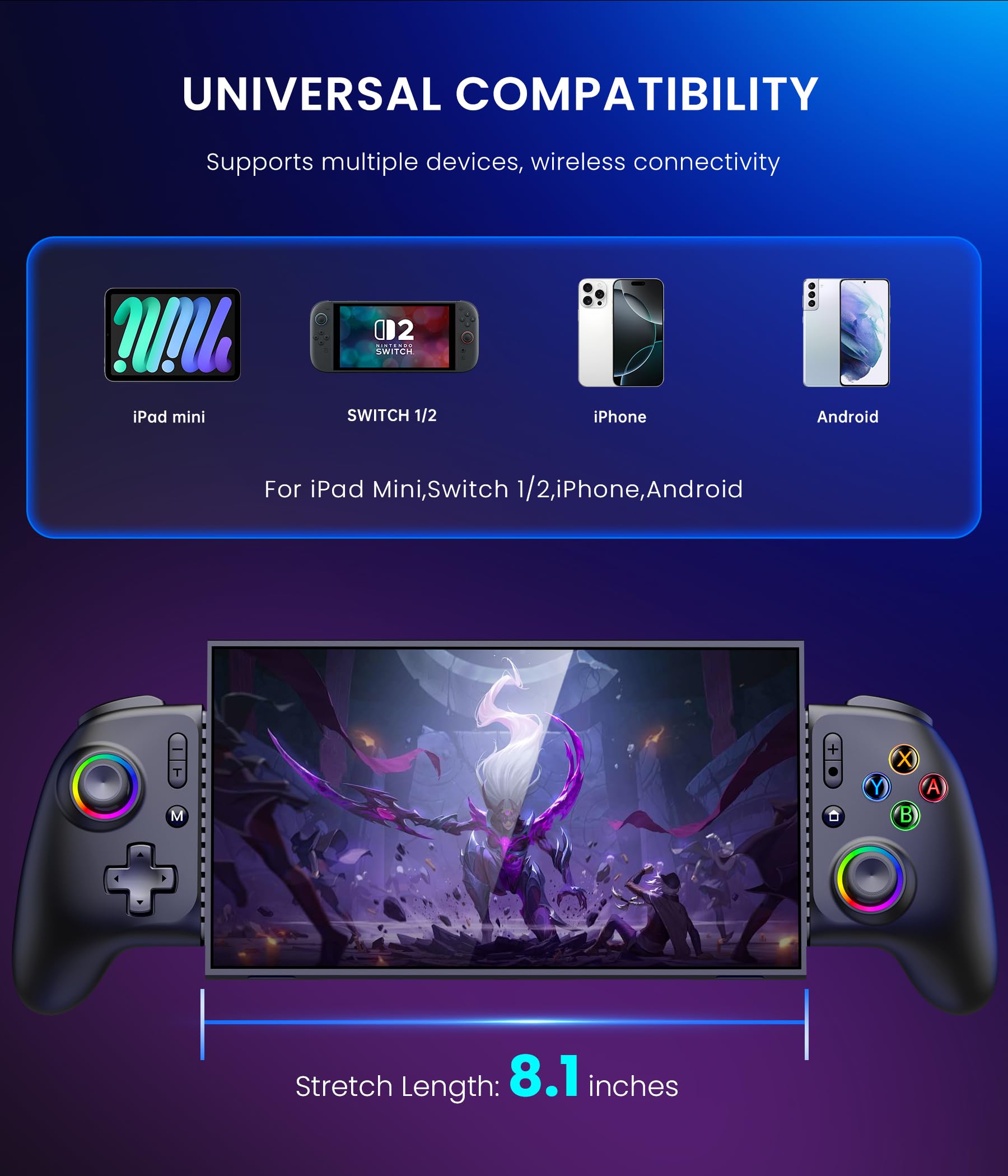Fanxieast Handheld Switch 2 Pro Controller with full-size wireless design, RGB lighting, turbo, vibration, and Hall Effect joystick.