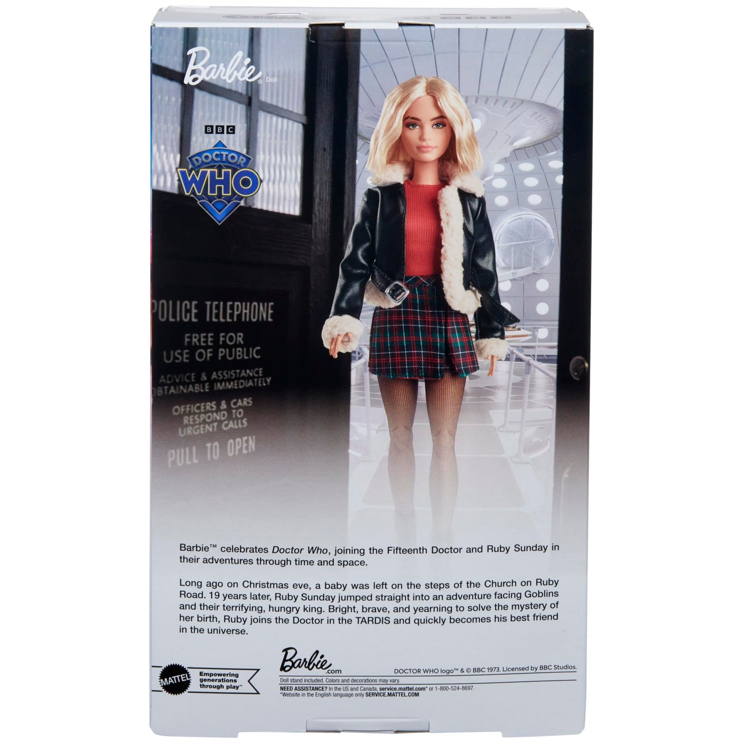 Barbie Ruby Sunday Doll from Doctor Who series, collectible figure with doll stand and certificate of authenticity.