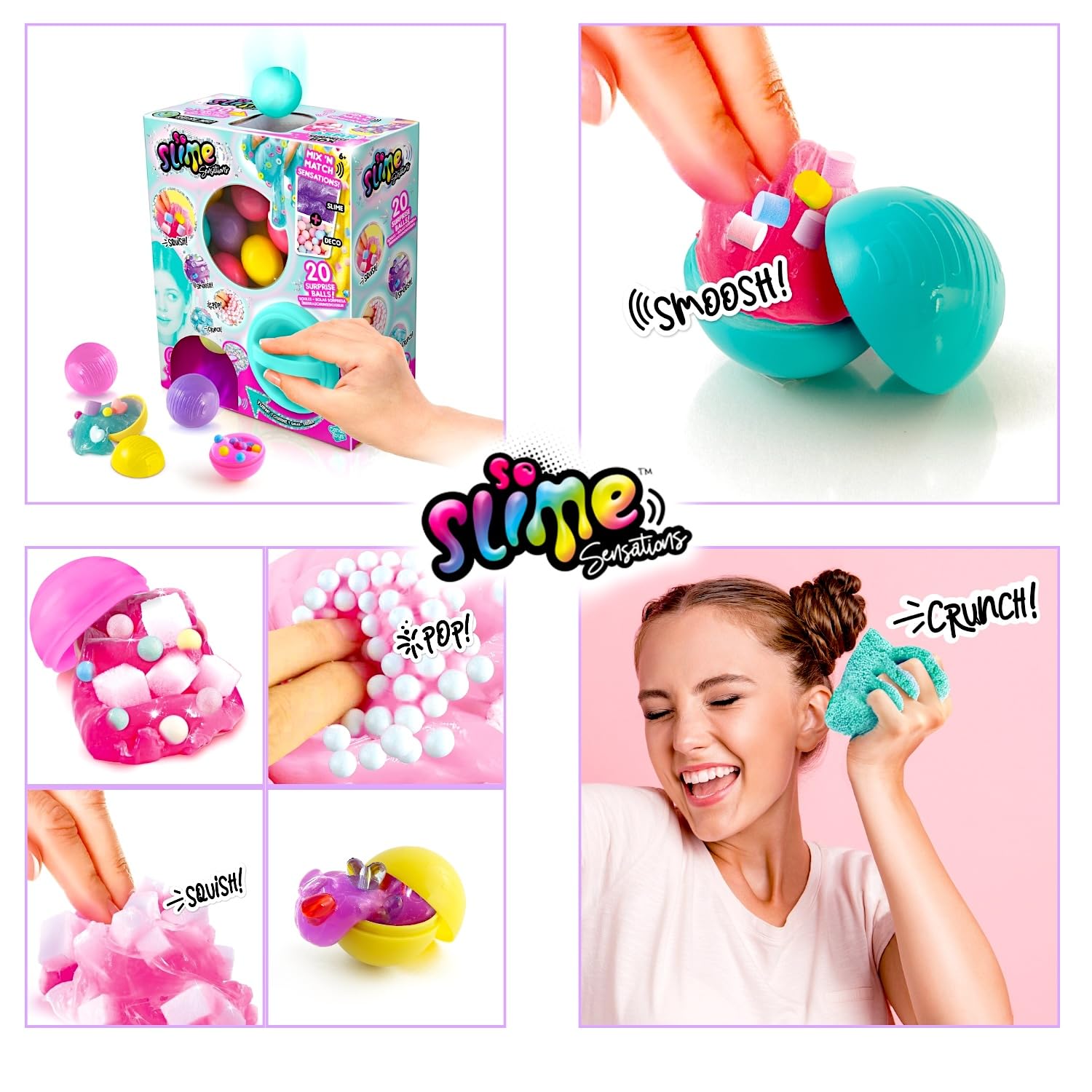 So Slime Sensations ASMR surprise box with 20 slime dispenser balls, colorful compounds, decorations, and vending machine unboxing.