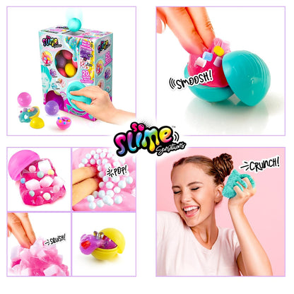 So Slime Sensations ASMR surprise box with 20 slime dispenser balls, colorful compounds, decorations, and vending machine unboxing.