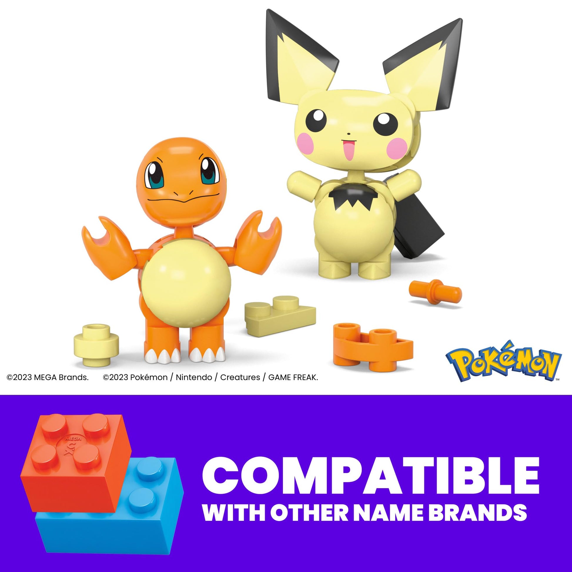 MEGA Pokémon building set featuring Pichu and Charmander, 40 pieces, including poseable characters and Poké Ball.