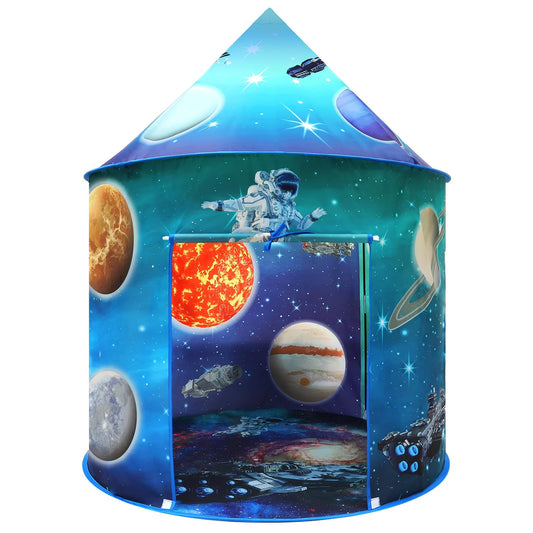 Kids astronaut galaxy play tent by MEERO LONDON, large pop-up space-themed playhouse for toddlers, suitable for indoor and outdoor use.