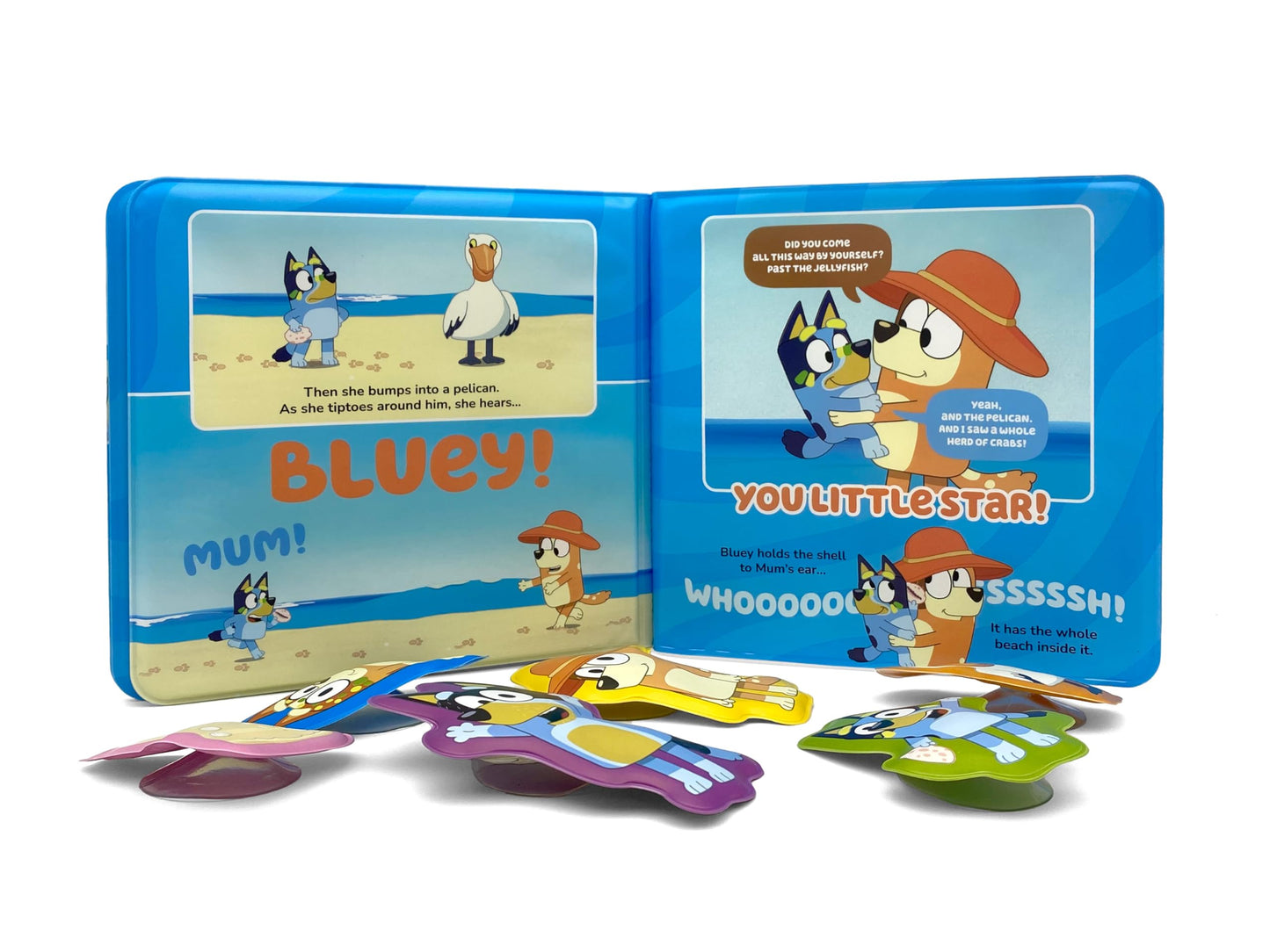 Bluey The Beach Bath Time Books - Activity Books for kids, Bath book, 6 Padded suction cups, 1 Mesh bag