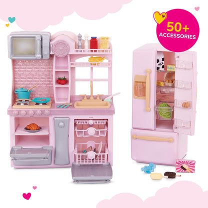 Our Generation pink fridge and kitchen playset with pretend food items for 18-inch dolls, perfect for imaginative play.