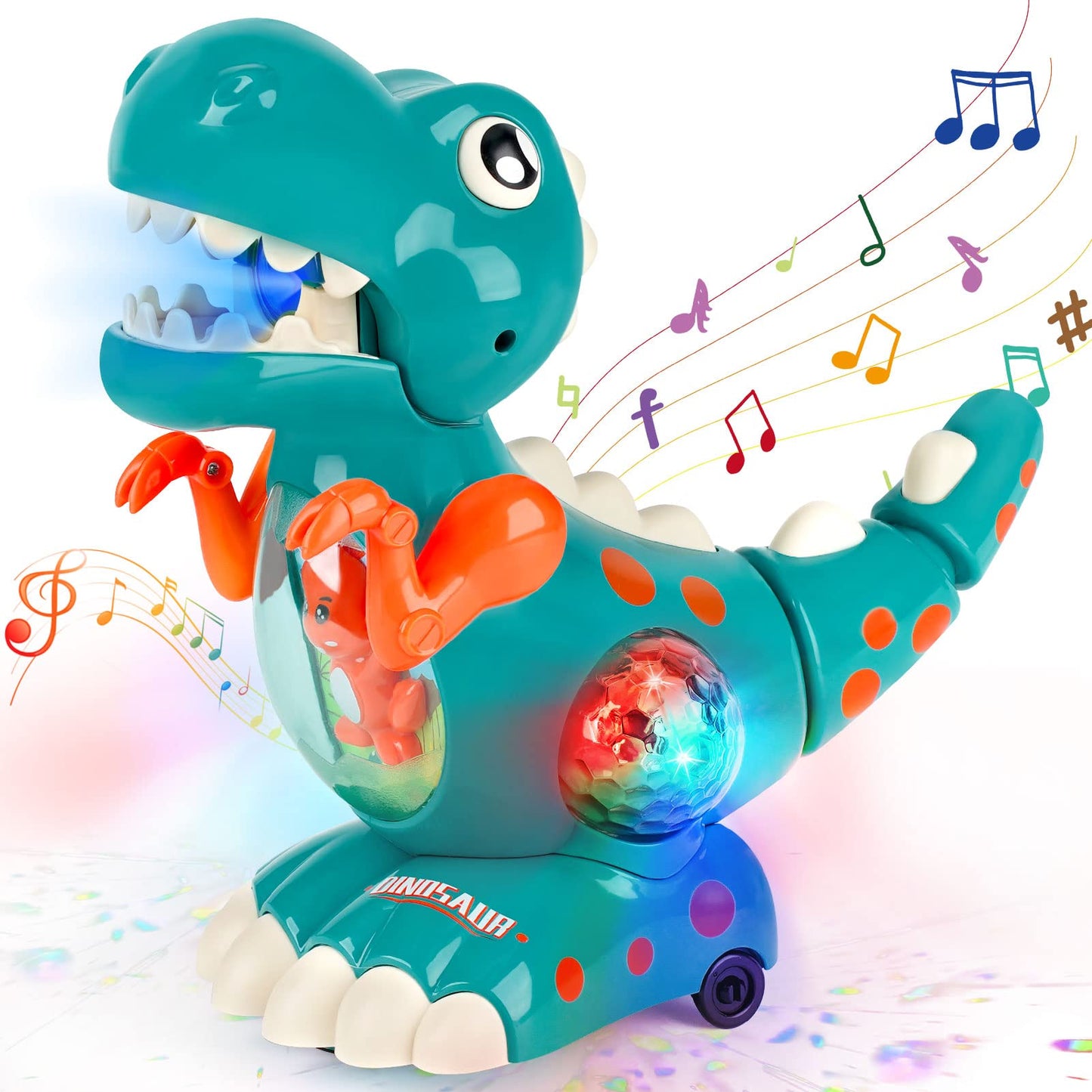 Colorful DINORUN crawling dinosaur toy with musical lights, designed for babies and toddlers, promoting sensory play.