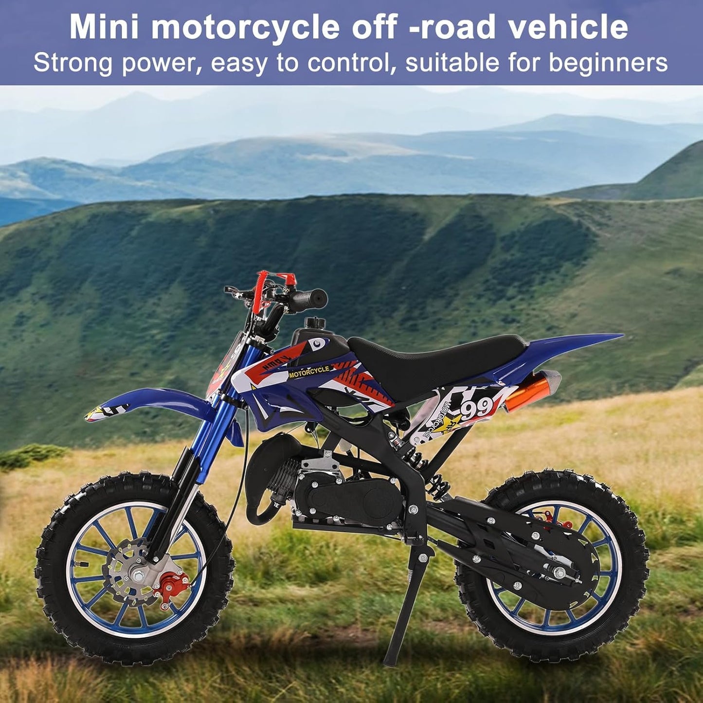 tekrabea Kids Dirt Bike, 49cc 2-Stroke Petrol Power Motocross Bike, Pocket Rocket Bikes with Dual Disc Brakes, Petrol Bikes for Kids Ages 6-12, Racing Max Speed 40km/H (Blue)
